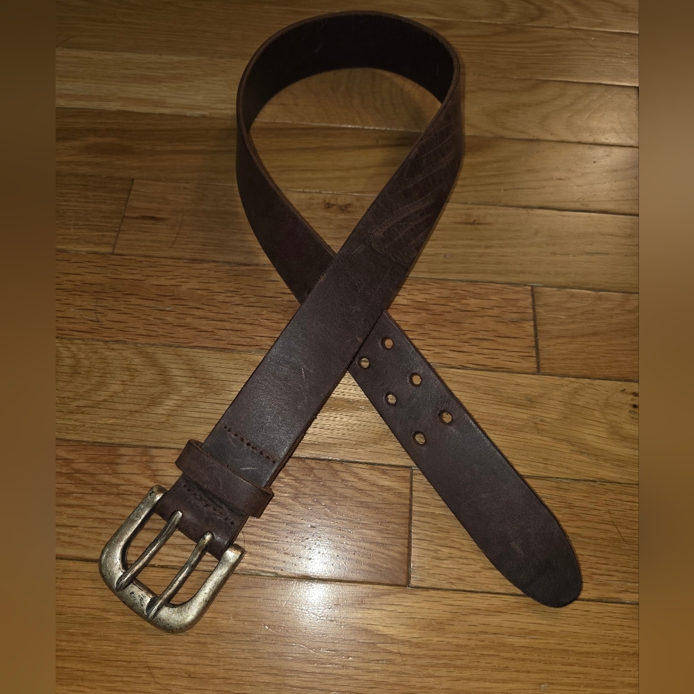 VINTAGE Abercrombie & Fitch Brown Leather Belt with Antiqued HEAVY Metal Buckle